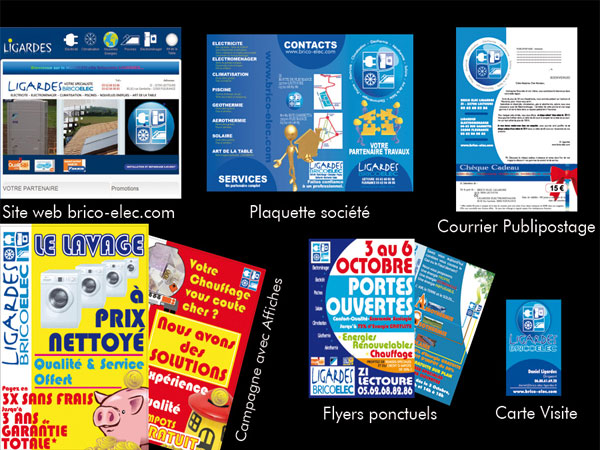 com compléte, carte visite, flyer, affiche, site web